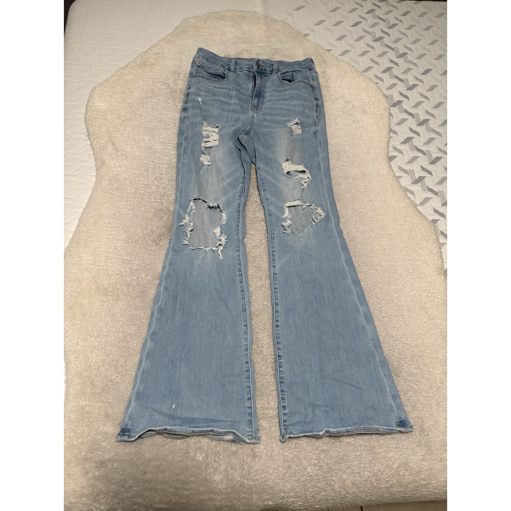 American Eagle Curvy Super High Rise Flare Distressed Jeans Size 8 Light Wash